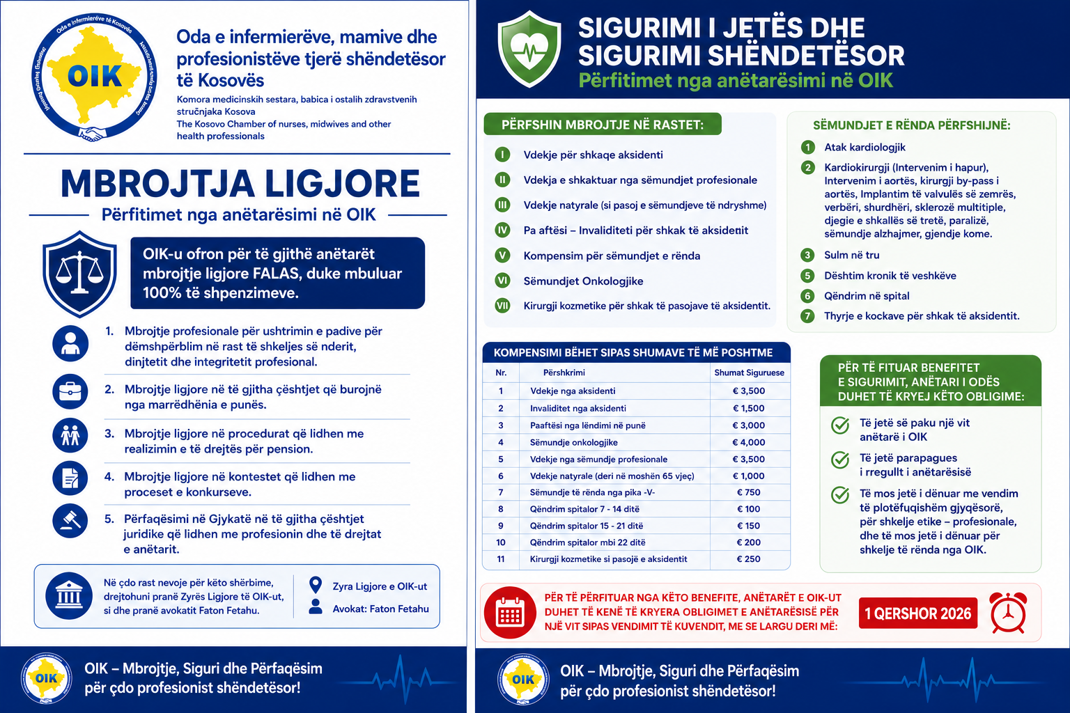 Njoftim lidhur me shërbimet juridike dhe sigurimet shëndetësore e të jetës për anëtarët e OIK-ut